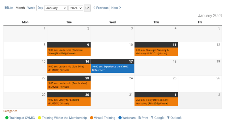 January Training Calendar