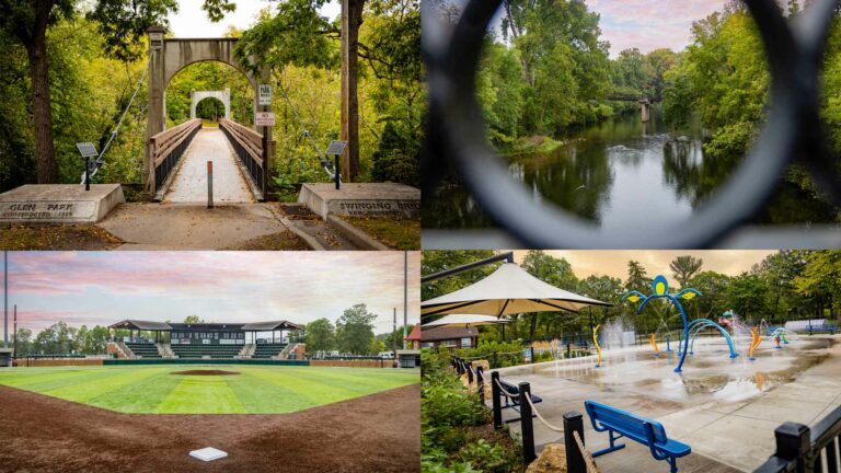 River Falls Pictures, Swinging Bridge, Kinnikinic River, Ball Park and Splash pad