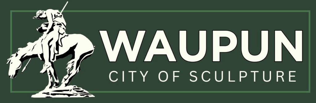 Waupun Waupun Municipal Logo with man and horse statue siluette