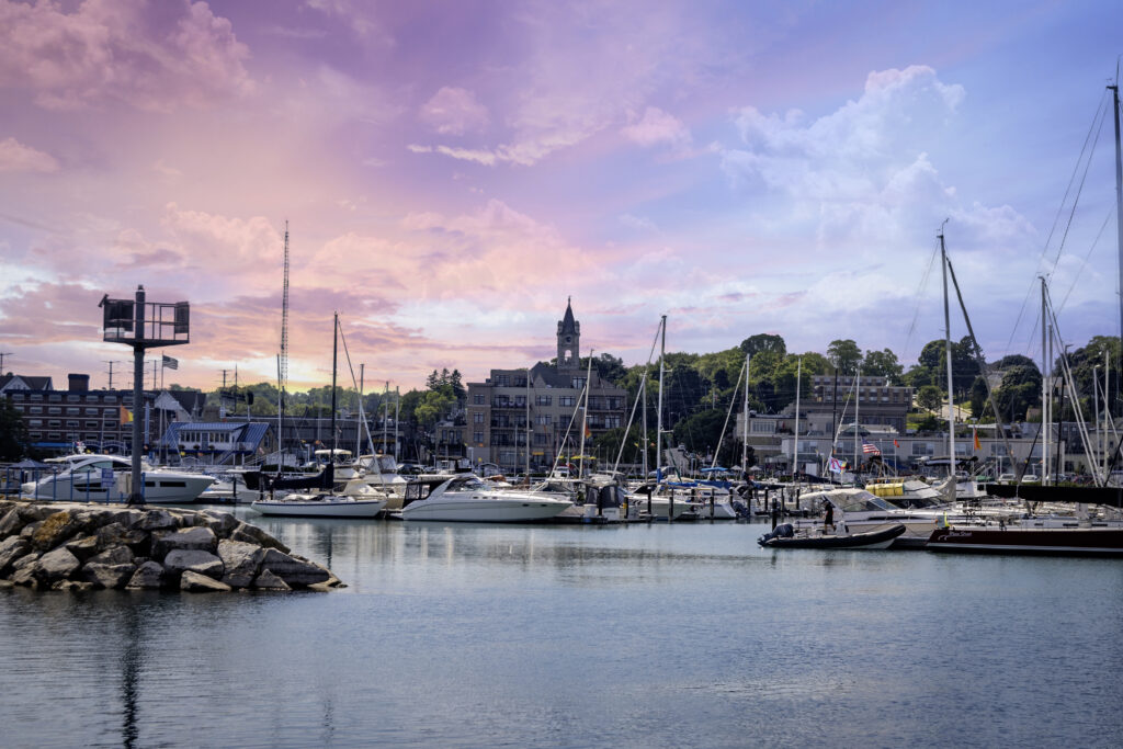 A beautiful view of downtown Port Washington from the harbor breakwater that also overlooks the marina.