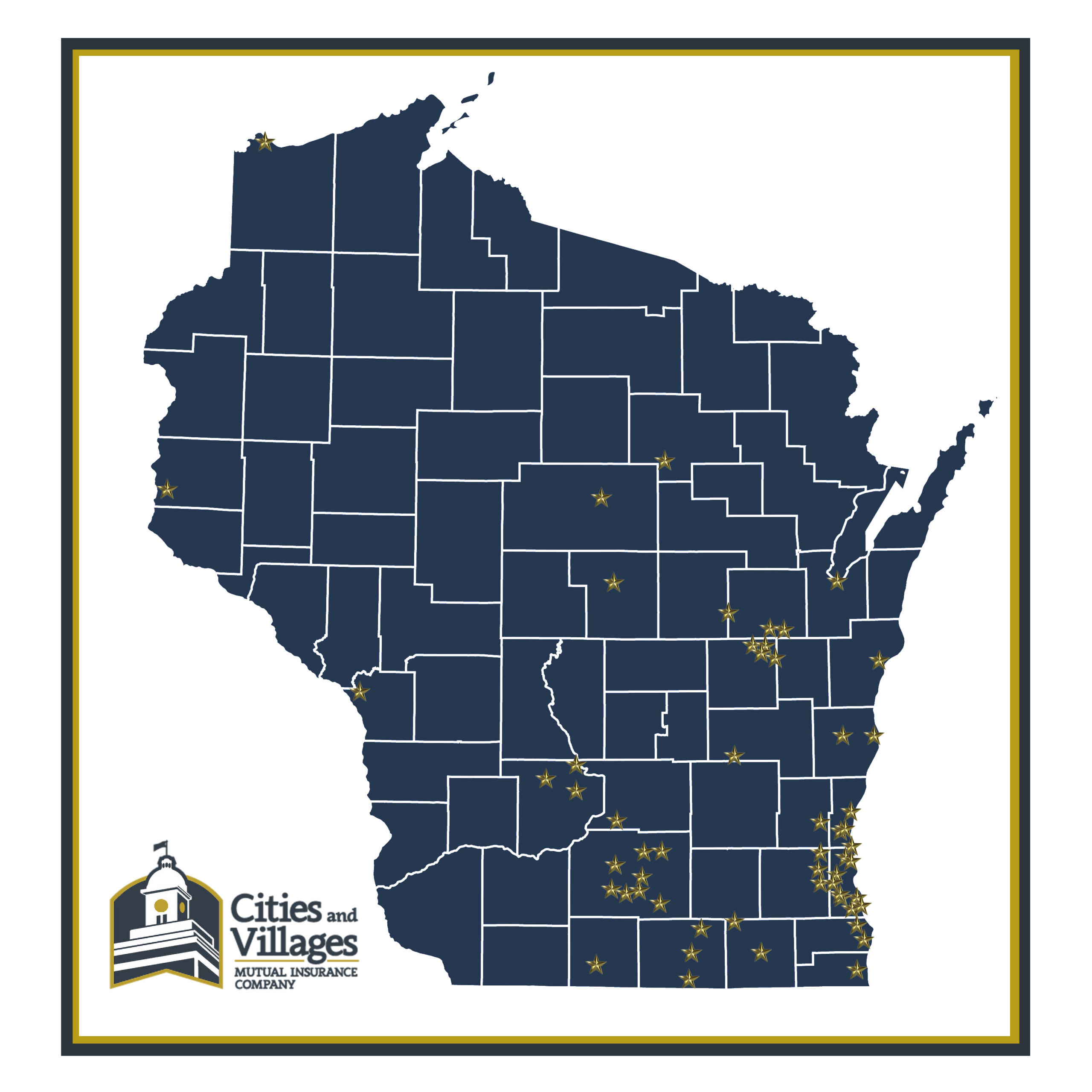 2026 CVMIC Member Map Q2, displaying star where each member across the state of Wisconsin is located.
